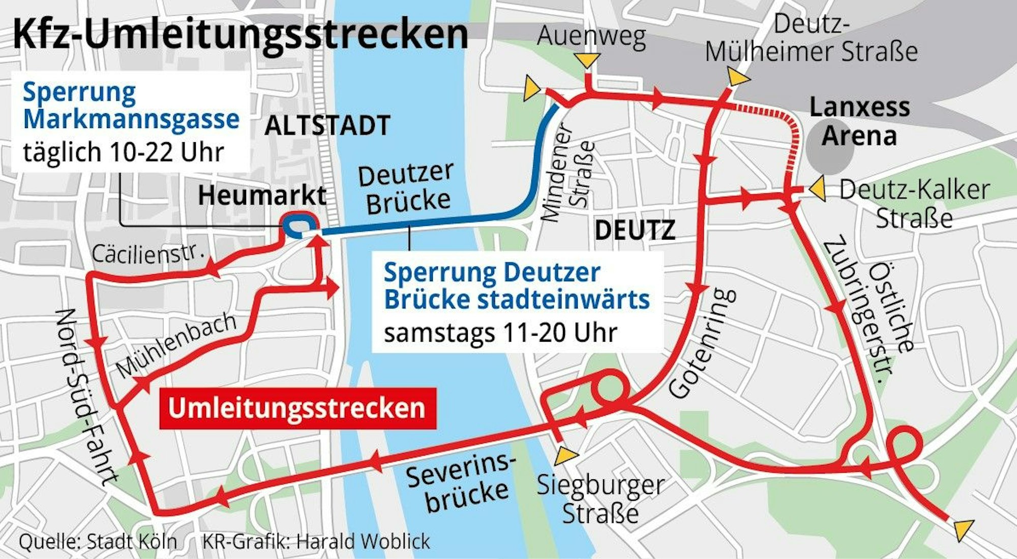 Die Grafik zeigt die Umleitungen für den Autoverkehr in Köln während der Adventszeit vom 28. November bis zum 23. Dezember.