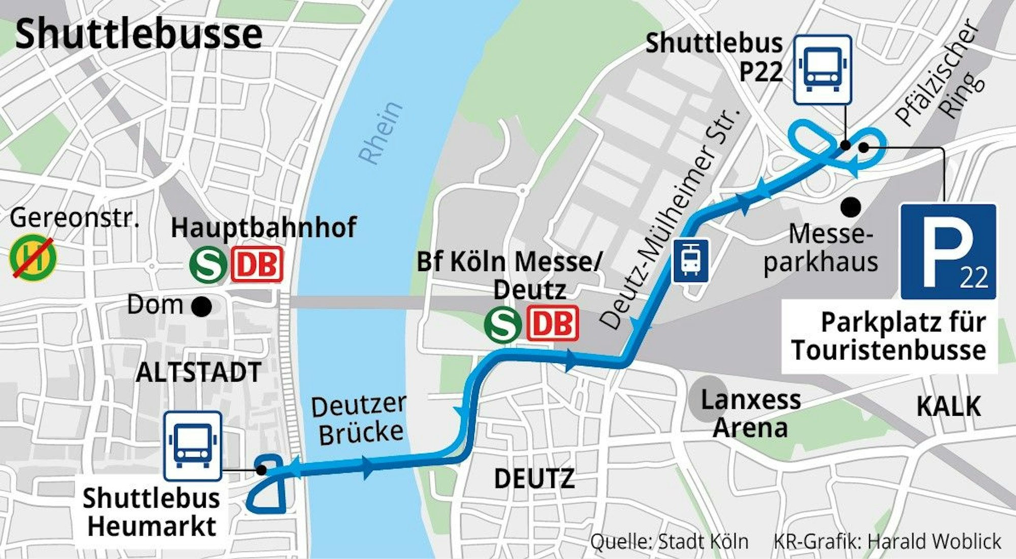Die Grafik zeigt den Weg der kostenlosen Shuttlebusse für Touristenbusse in Köln vom Messeparkplatz P22 zum Heumarkt.