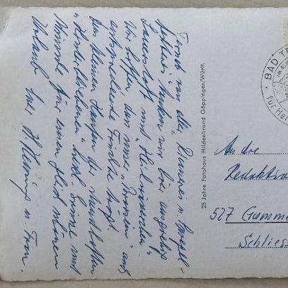 Mehr als 59 Jahre haben diese Urlaubsgrüße des Reporters Helmut Heuring für den Weg von Bad Teinach im Schwarzwald nach Gummersbach gebraucht. Wie diese Karte jetzt in die Zustellung geraten ist, wird wohl für immer ein Geheimnis bleiben.