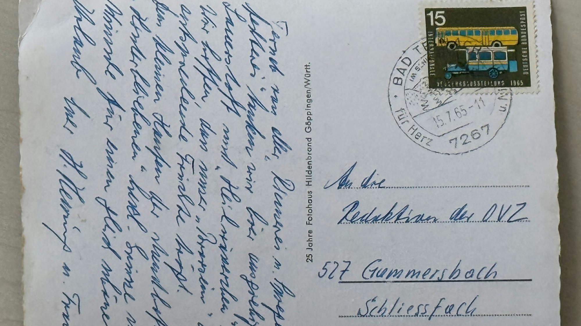 Mehr als 59 Jahre haben diese Urlaubsgrüße des Reporters Helmut Heuring für den Weg von Bad Teinach im Schwarzwald nach Gummersbach gebraucht. Wie diese Karte jetzt in die Zustellung geraten ist, wird wohl für immer ein Geheimnis bleiben.