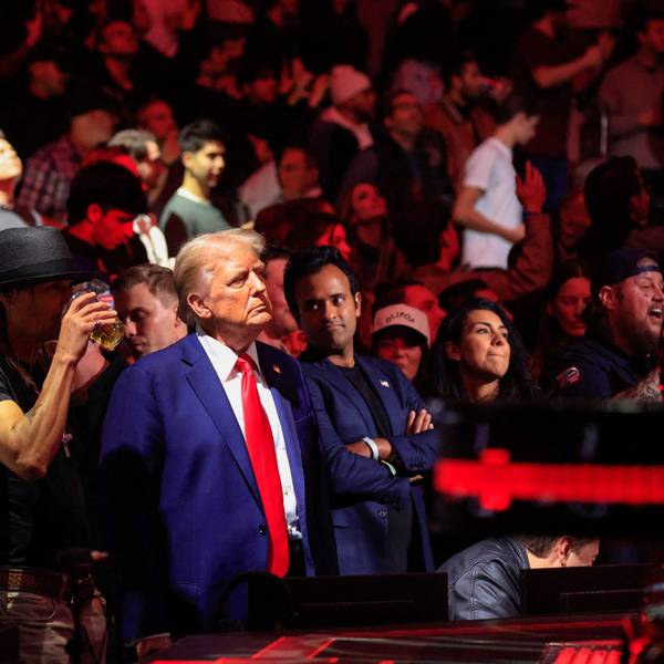 US President-elect Donald Trump, singer Kid Rock and US entrepreneur Vivek Ramaswa stand up after UFC Heavyweight Champion Jon Jones' TKO victory against challenger Stipe Miocic in the UFC 309 heavyweight title bout at Madison Square Garden in New York, on November 16, 2024. US President-elect Donald Trump was greeted by chanting fans as he attended the Ultimate Fighting Championship heavyweight bout at New York's Madison Square Garden on November 16.
Trump entered the arena shortly before the start of the main card accompanied by UFC chief executive Dana White, who was a prominent backer during his election campaign.
Several political allies of Trump were also in attendance including entrepreneurs Elon Musk and Vivek Ramaswamy, who have been asked by Trump to lead efforts to cut government inefficiency. (Photo by Kena Betancur / AFP)