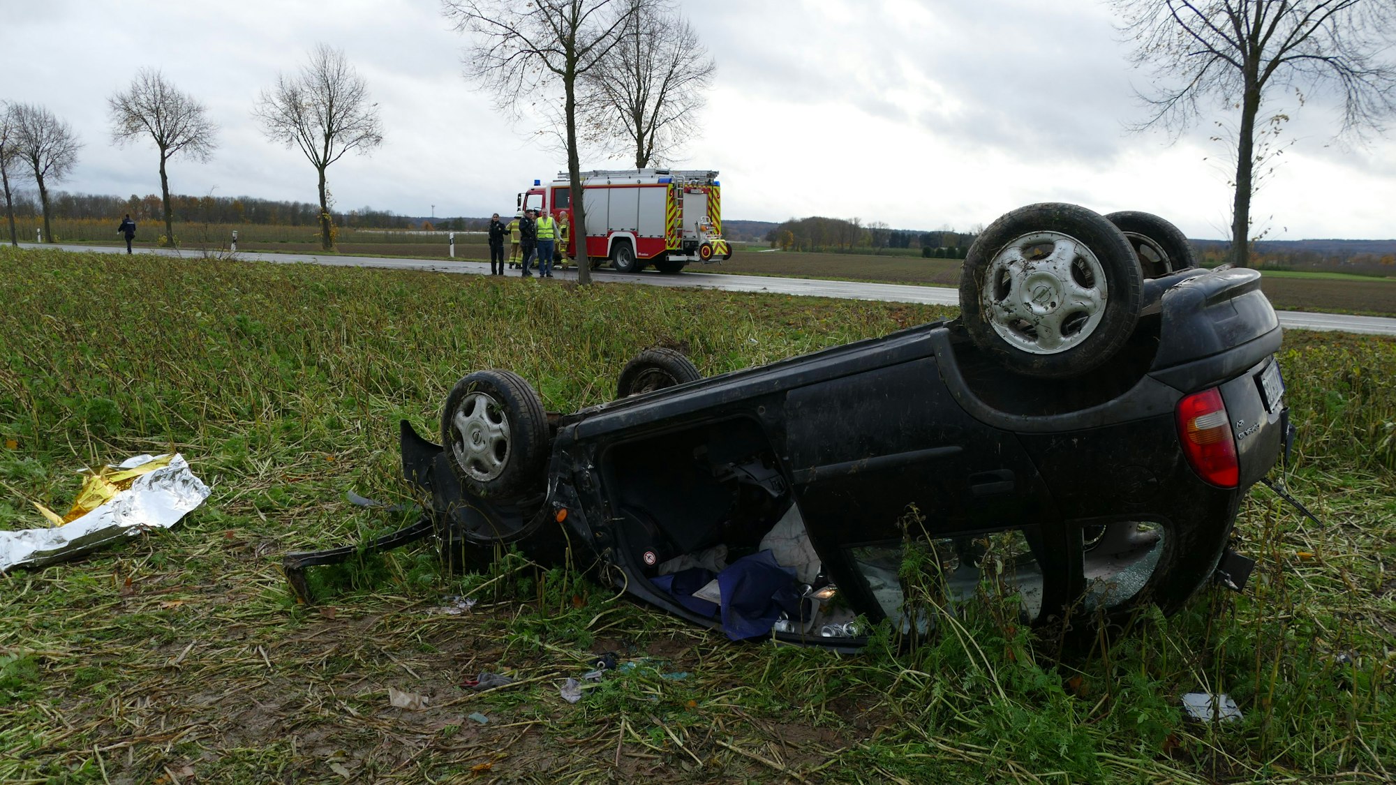 Ein Auto liegt auf dem Dach auf einer Wiese.