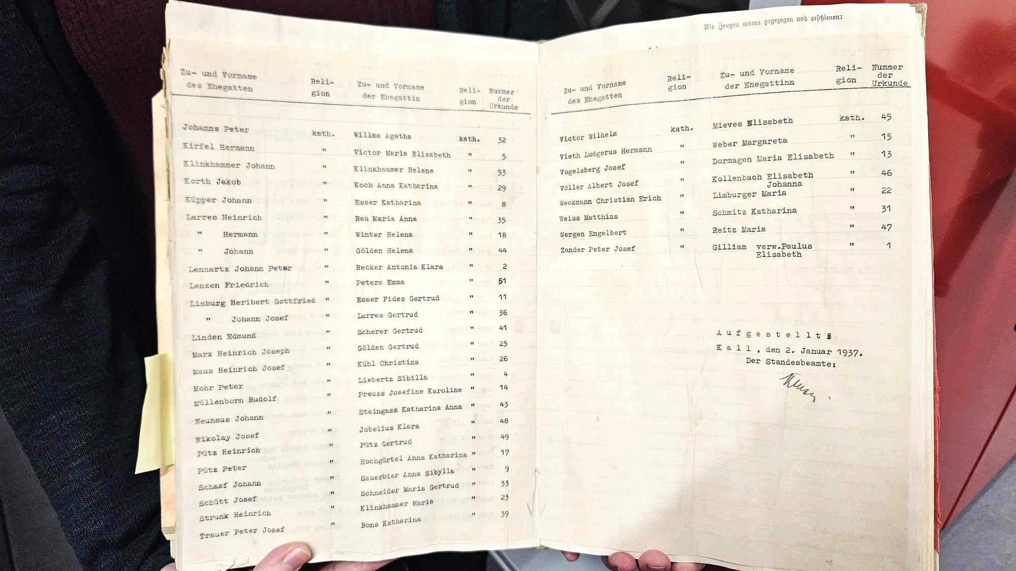 Das Foto zeigt eine Übersicht von Paaren, die zwischen 1934 und 1938 geheiratet haben.