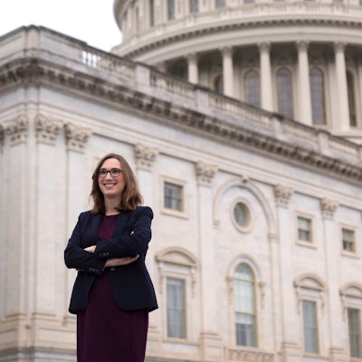 Rep.-elect Sarah McBride, D-Del., poses for a photo as she stands on the Capitol steps, in Washington, Friday, Nov. 15, 2024. (AP Photo/Mark Schiefelbein)