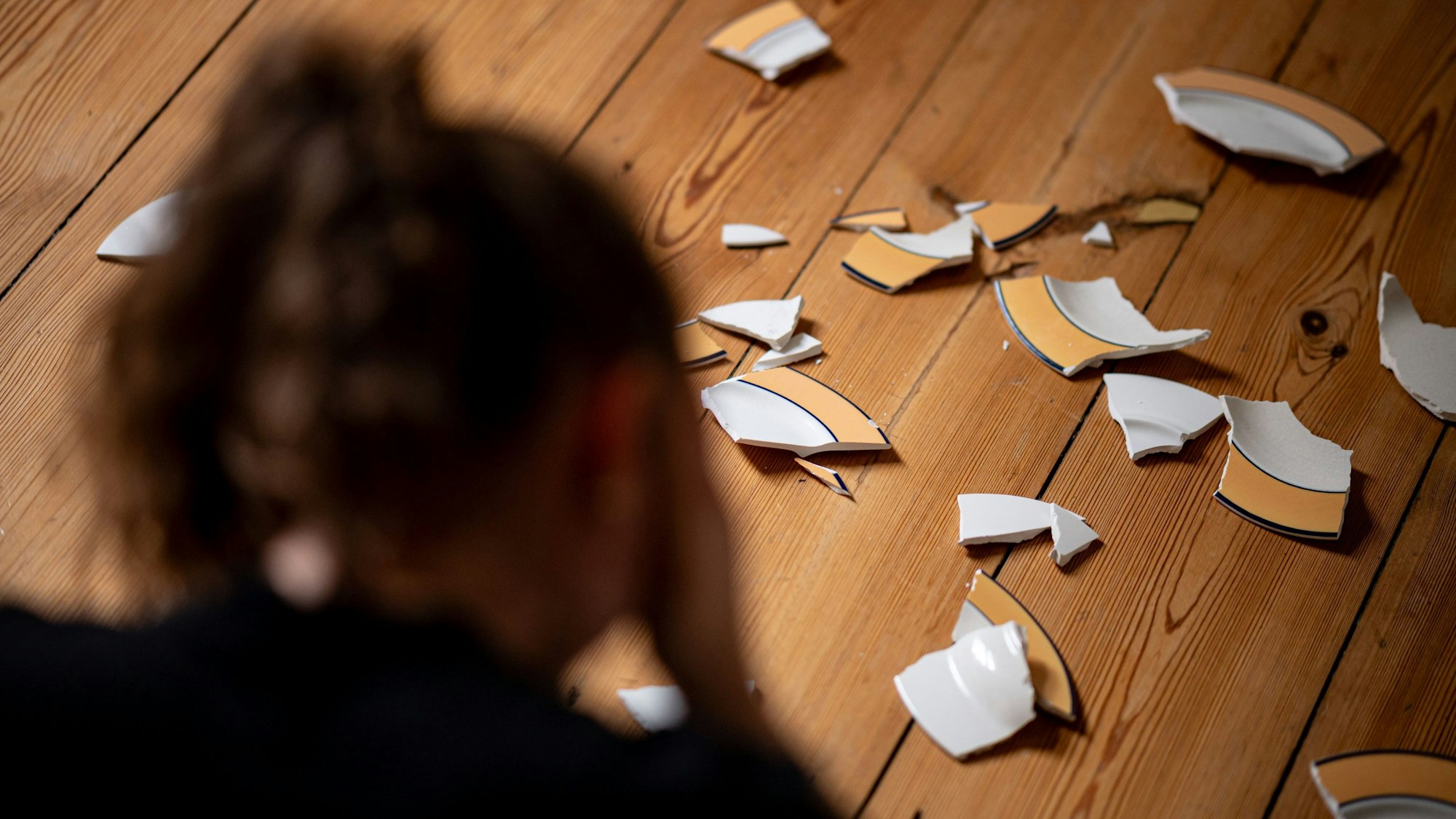 Auf dem Foto sieht man die verschwommene Silhouette einer Frau, die sich an den kopf fast. Auf dem Dielenboden vor ihr liegen Porzellan-Scherben.
