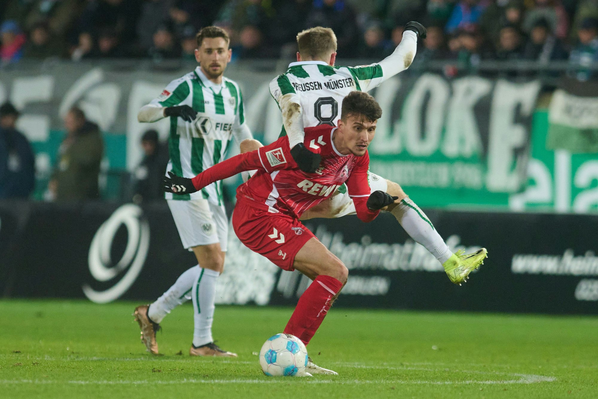 Münsters Joshua Mees (hinten) und Dejan Ljubicic von Köln in Aktion.