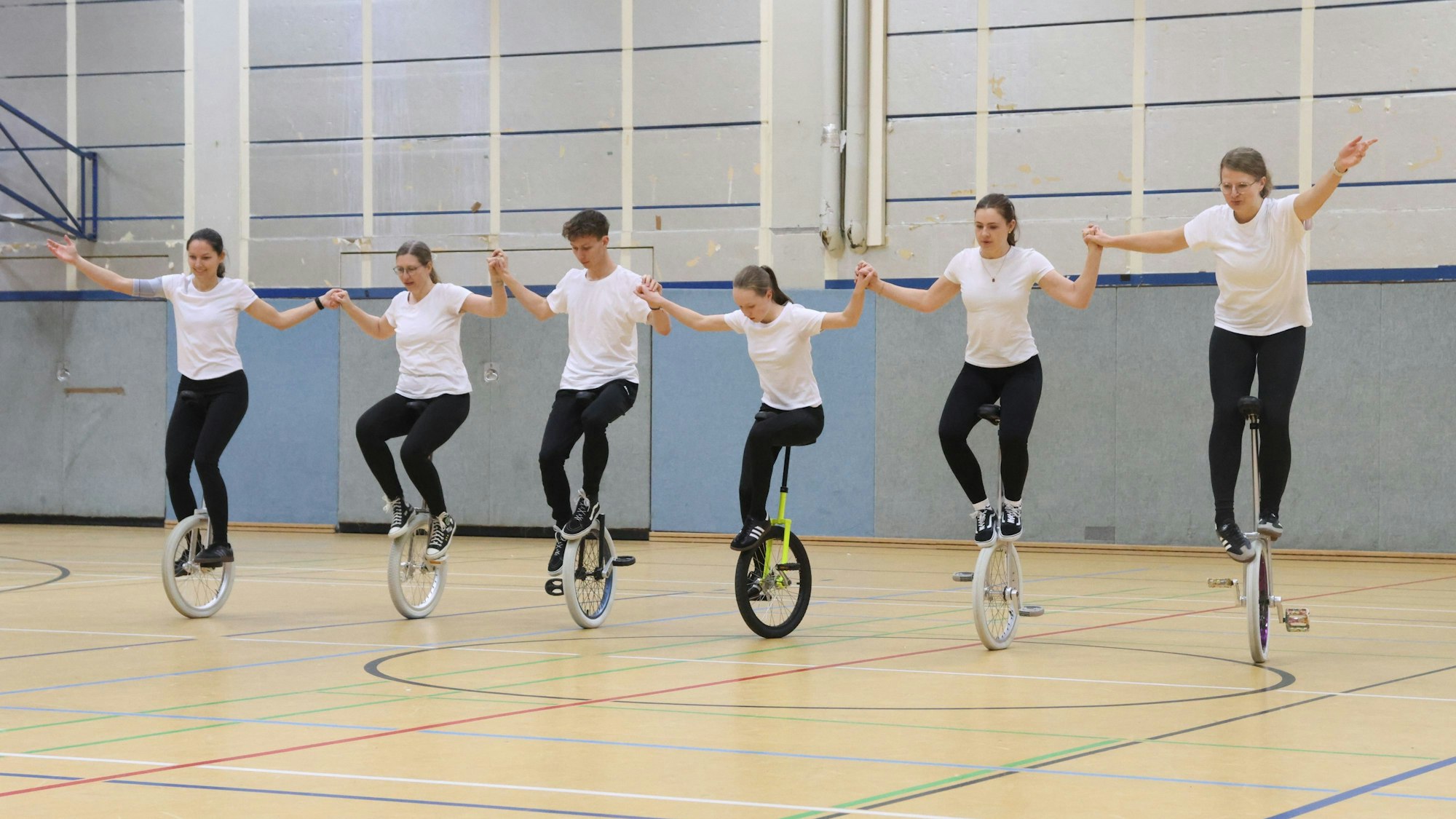 Fünf junge Leute auf Einrädern.