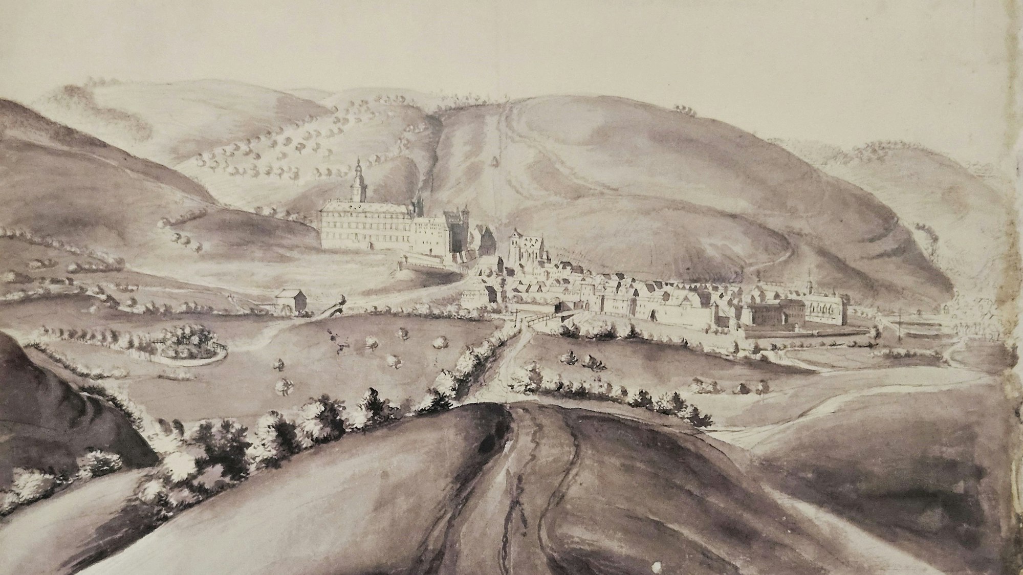 Die Zeichnung zeigt Schleiden mit dem Schloss und einer kleinen Lustinsel.