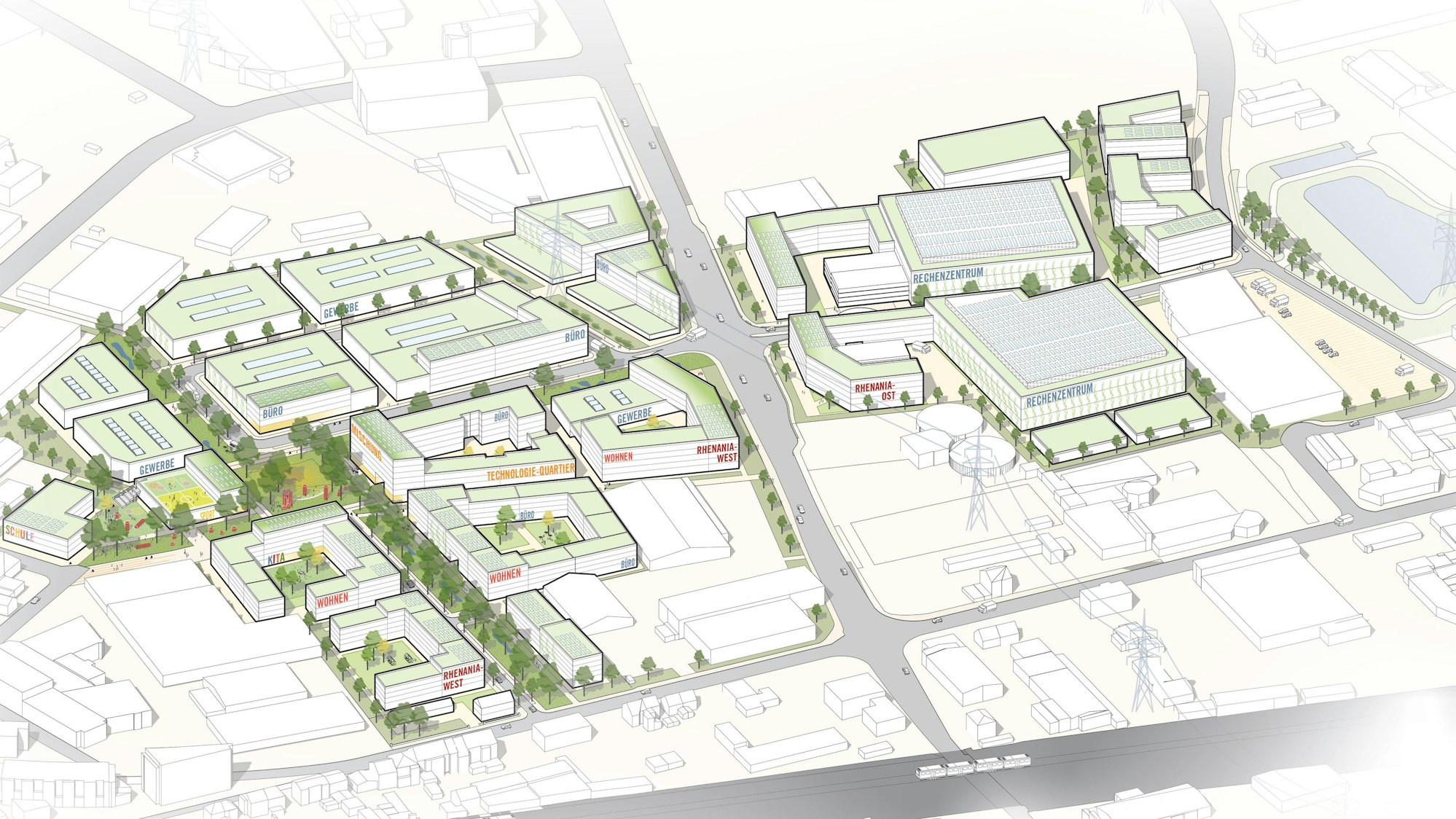 Auf dem Bild ist eine Entwurfszeichnung des geplanten Stadtviertels zu sehen.