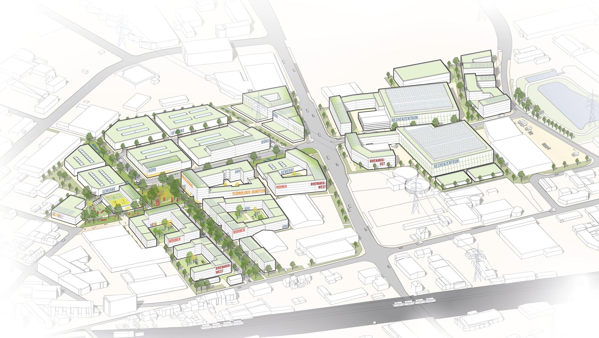Auf dem Bild ist ein Entwurf des neuen Stadtviertels Rhenania-Quartier zu sehen.