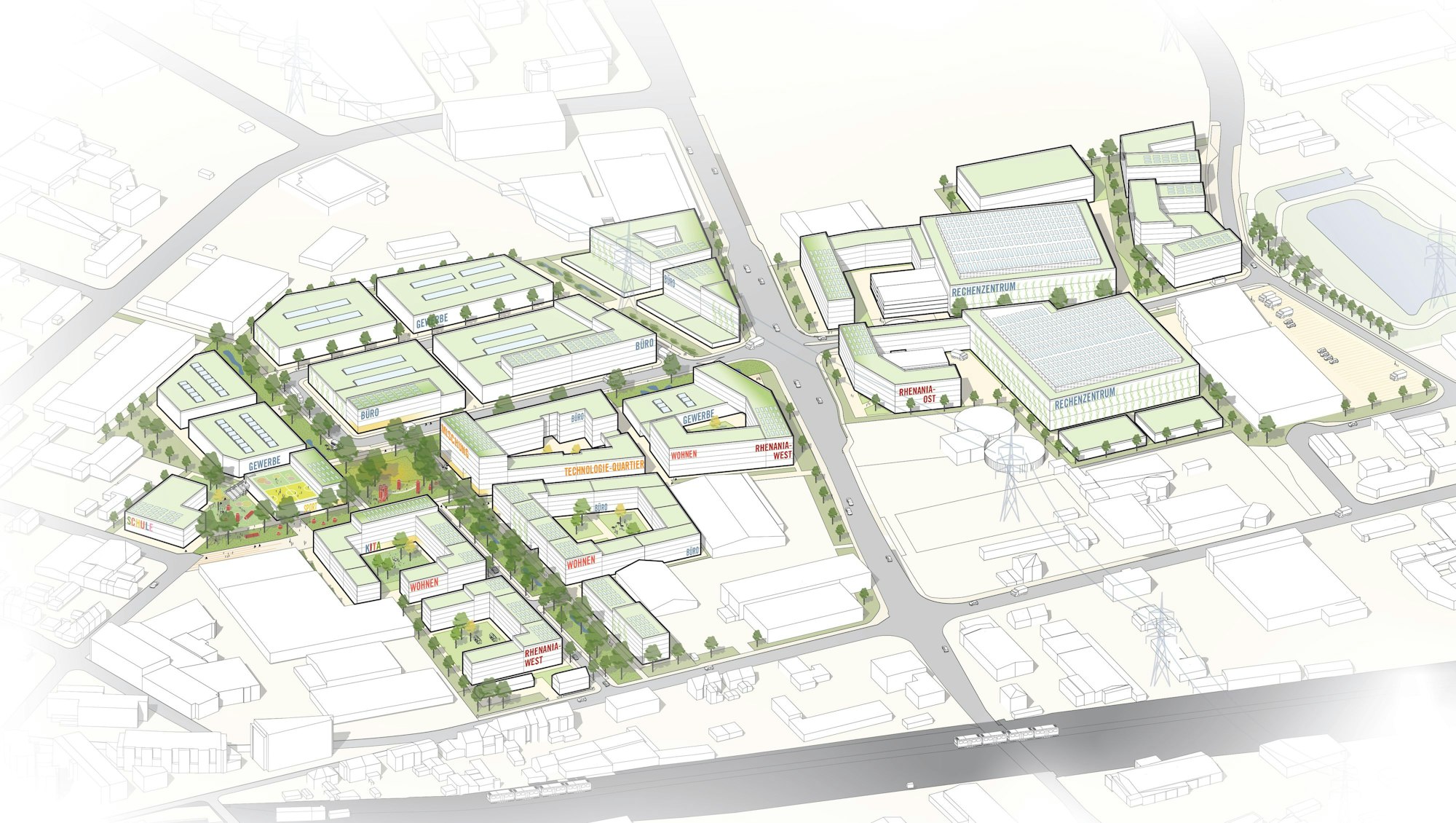 Auf dem Bild ist ein Entwurf des neuen Stadtviertels Rhenania-Quartier zu sehen.