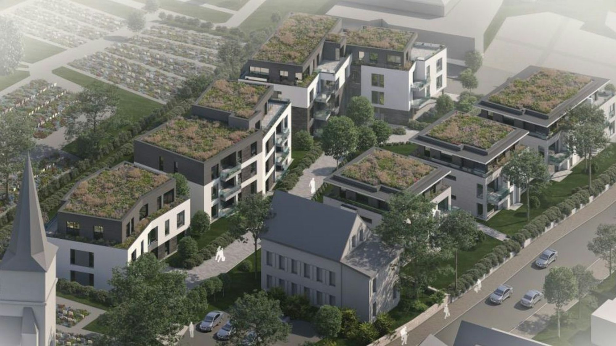 Ein Architekturmodell zeigt sechs Mehrfamilienhäuser