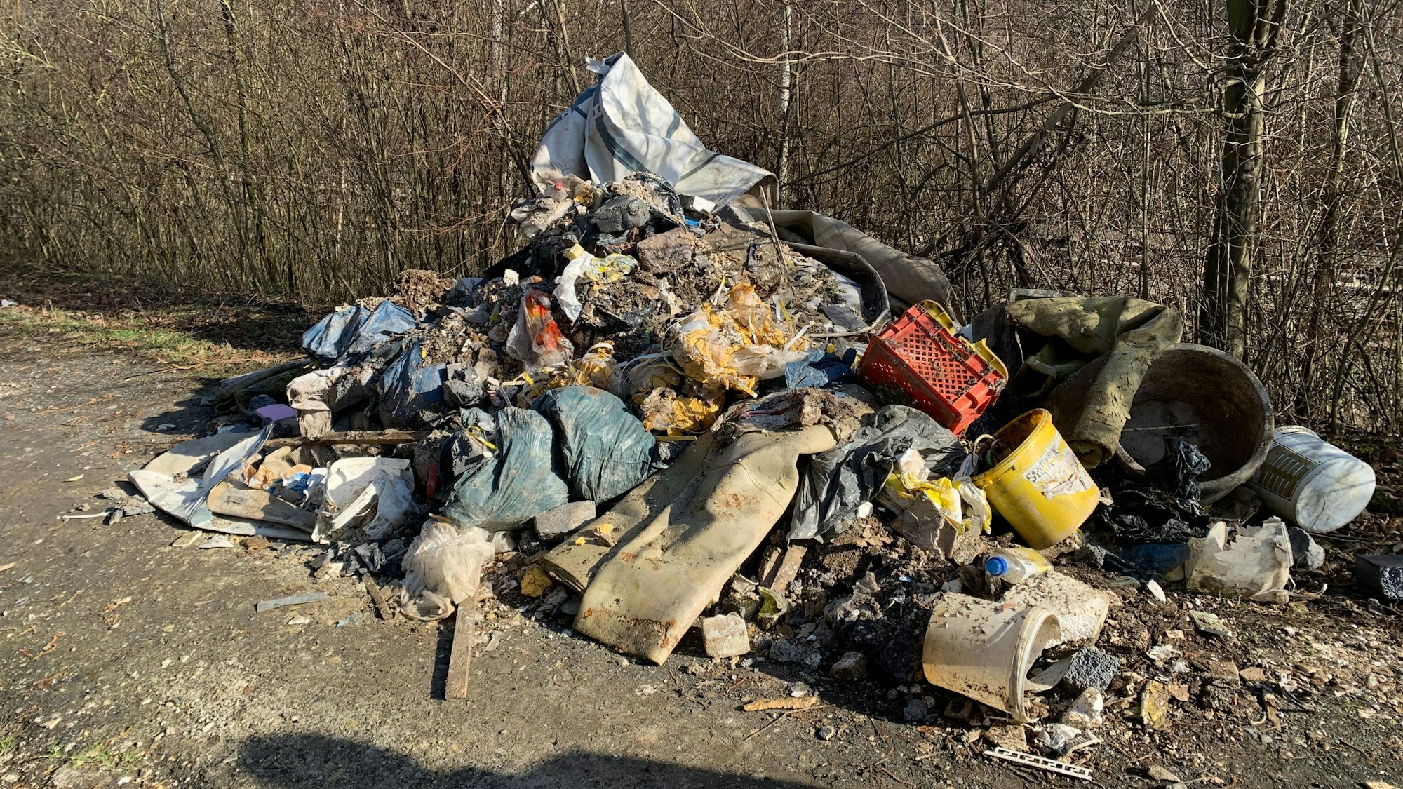Ein Müllhaufen liegt vor einer Hecke am Straßenrand.