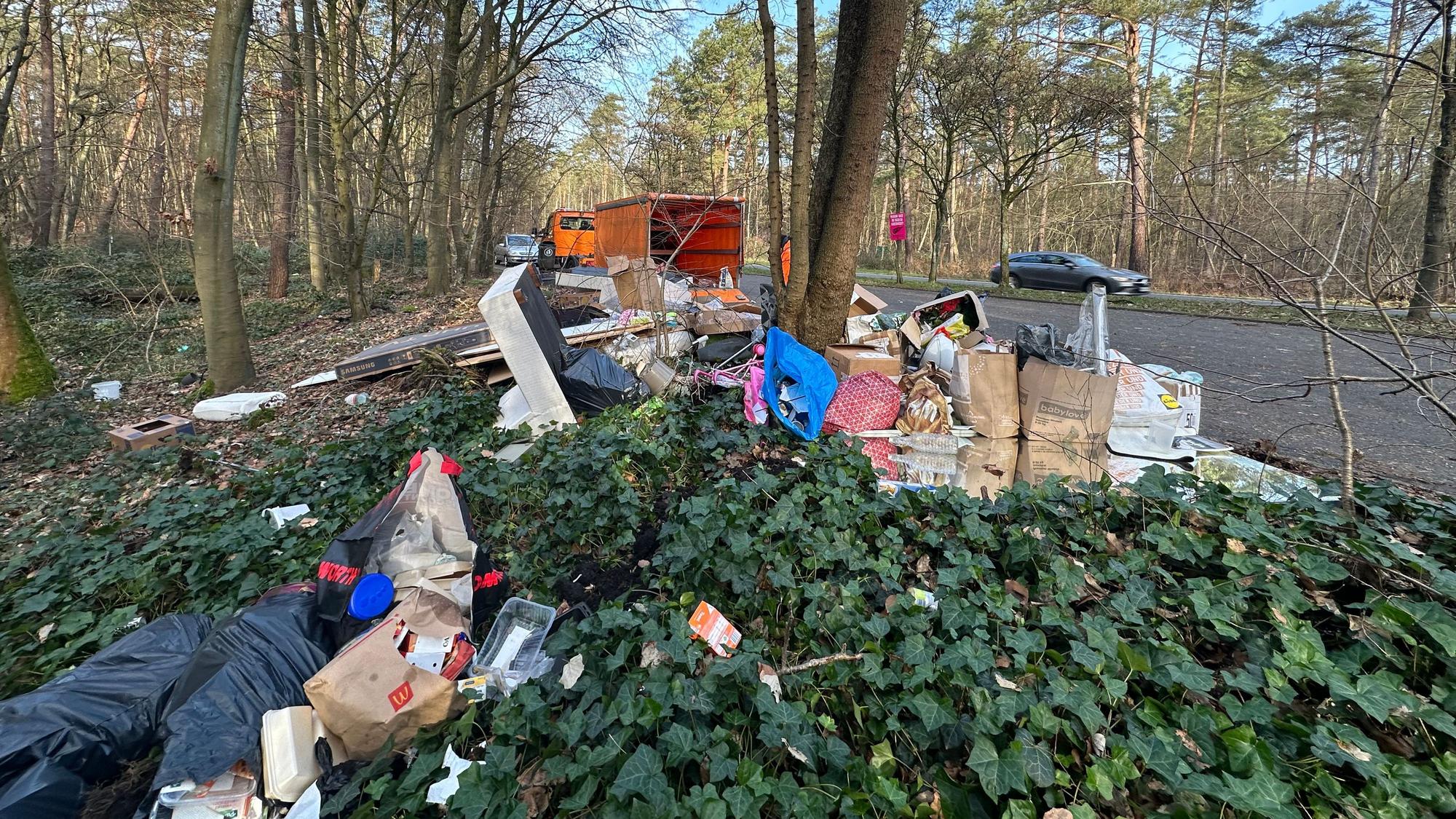 Ein Müllhaufen liegt am Straßenrand in einem Waldstück, ein Abfallwagen ist im Hintergrund zu sehen.