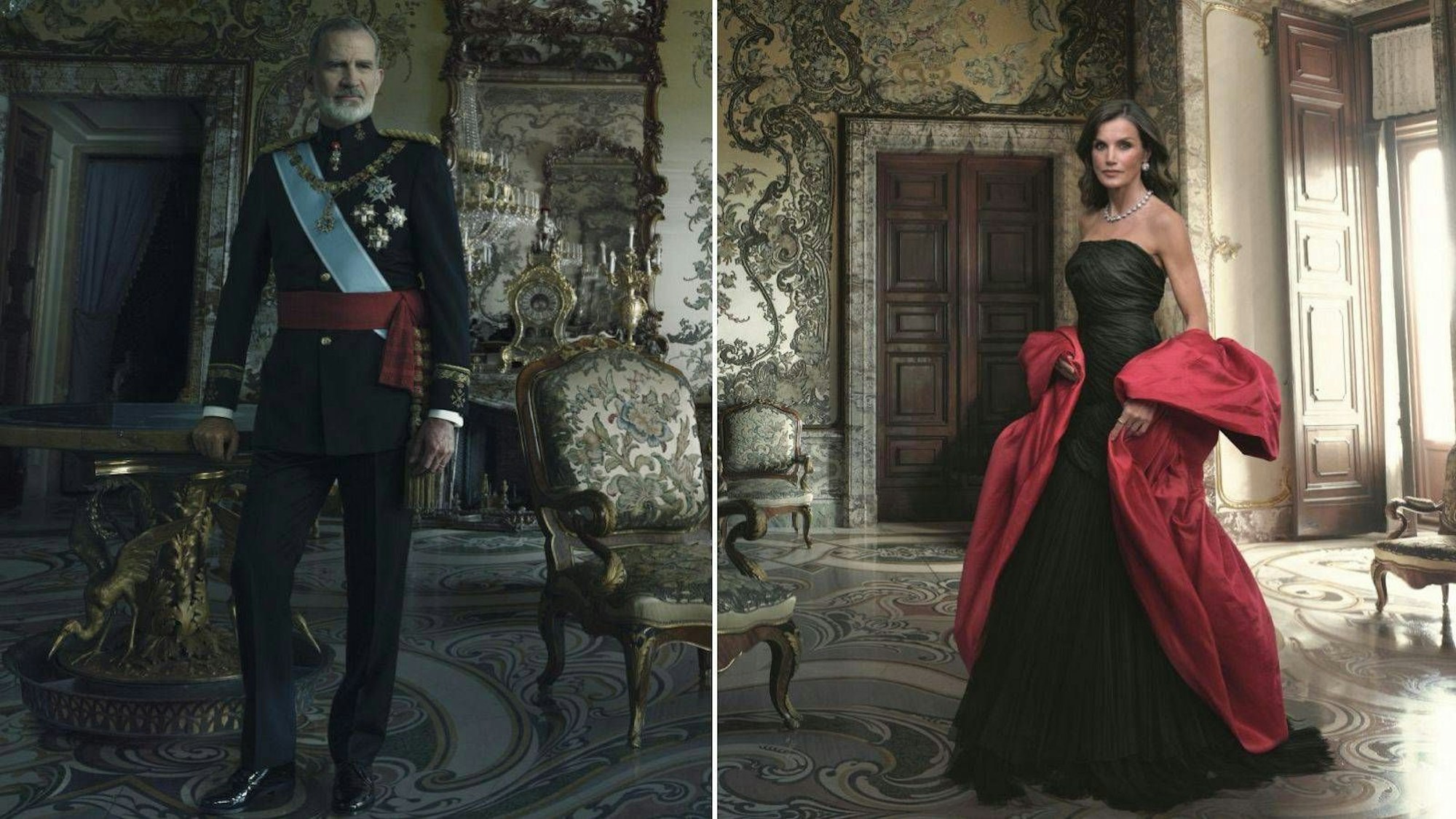 Porträt des spanischen Königs Felipe VI. und Letizia Ortiz von Annie Leibovitz für die Ausstellung „La tiranía de Cronos“ in Madrid.