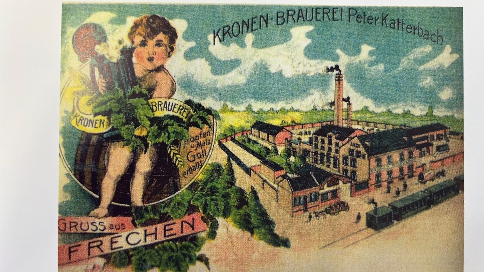 Auf dem Bild ist eine alte Postkarte zu sehen, die eine Brauerei in Frechen abbildet.
