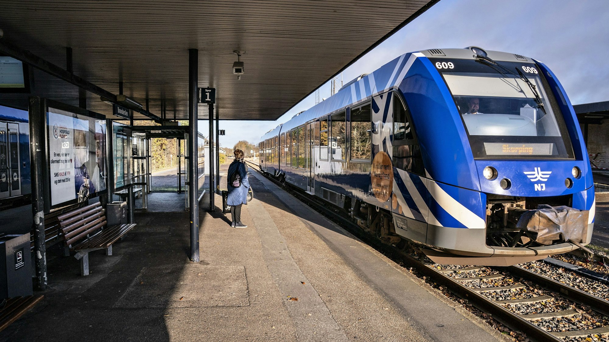 06.11.2020, Dänemark, Hjoerring: Eine Frau steht am Bahnsteig, während ein Zug einfährt. Landesweit haben sich Menschen mit einer ursprünglich bei Nerzen aufgetretenen Variante des Coronavirus infiziert. Die dänische Regierung hat angeordnet, dass alle Nerze im Land getötet werden sollen aufgrund des Risikos, dass die derzeit entwickelten Corona-Impfstoffe weniger gut gegen diese Variante wirken. In sieben Regionen in Nordjütland sind die Menschen nun aufgefordert, in ihren Kommunen zu bleiben. Foto: Claus Bjoern Larsen/Ritzau Scanpix/AP/dpa +++ dpa-Bildfunk