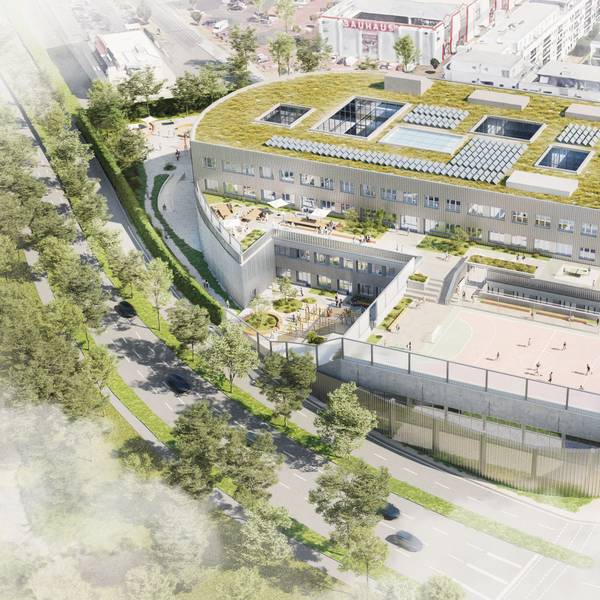 Visualisierung eines großen Gebäudes mit Sportplatz auf dem Dach.