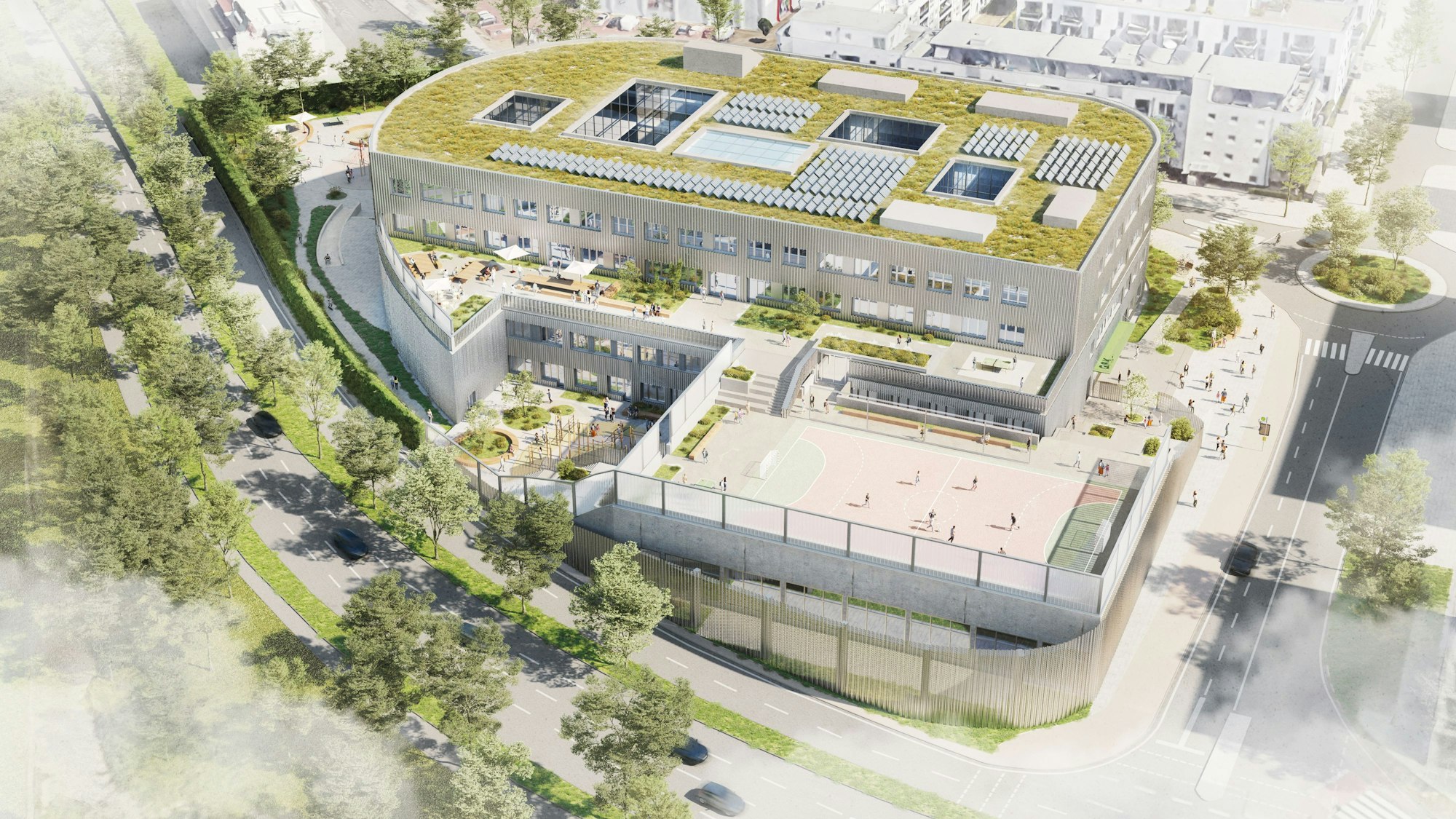 Visualisierung eines großen Gebäudes mit Sportplatz auf dem Dach.