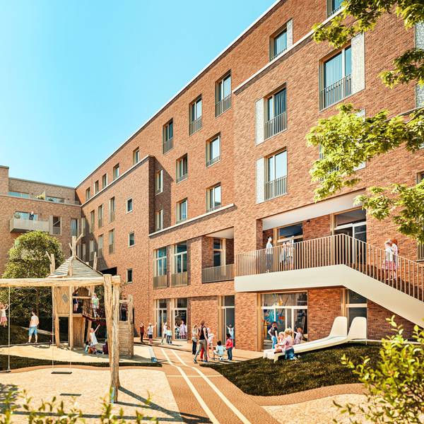Eine Visualisierung zeigt mehrgeschossige Wohnblocks, im Vordergrund ist ein Spielplatz.