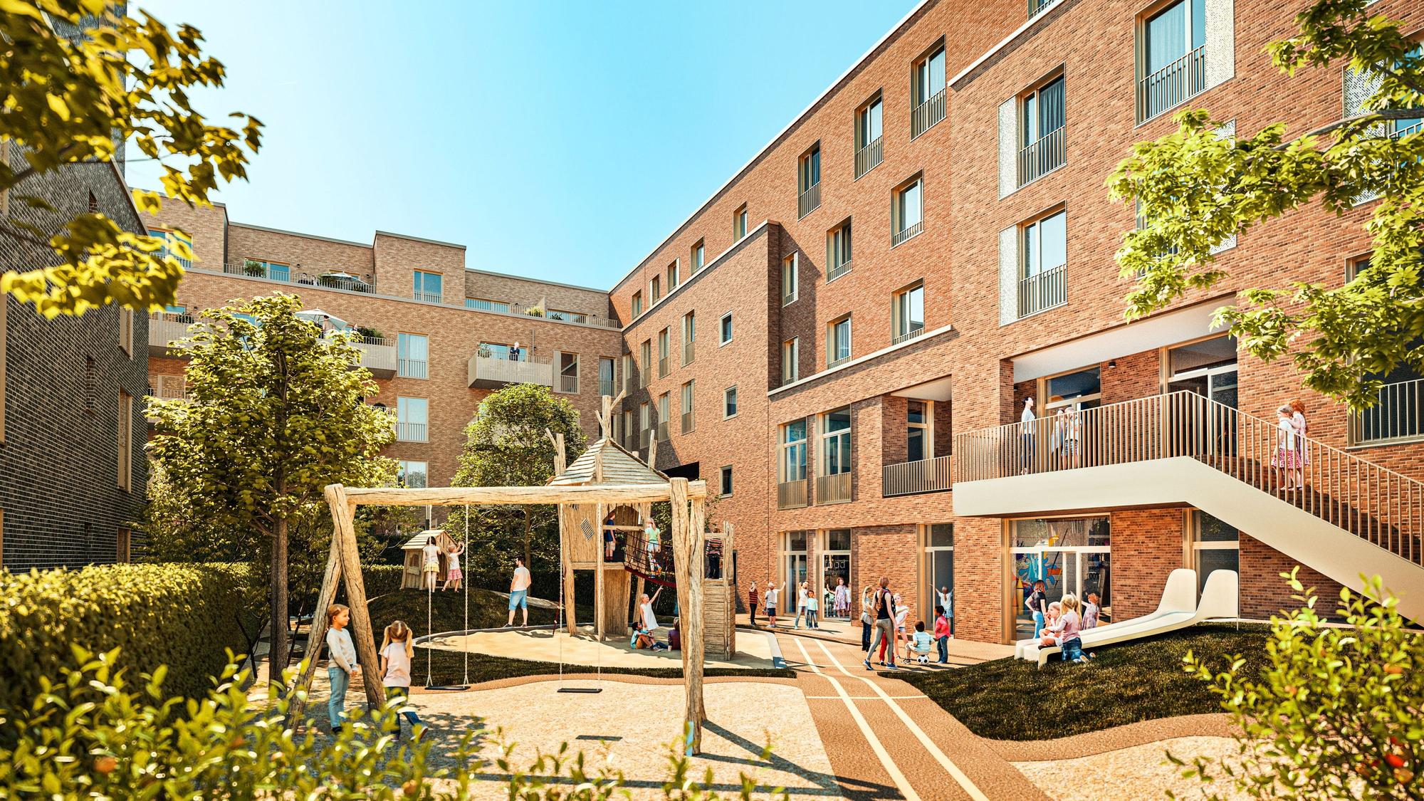 Eine Visualisierung zeigt mehrgeschossige Wohnblocks, im Vordergrund ist ein Spielplatz.