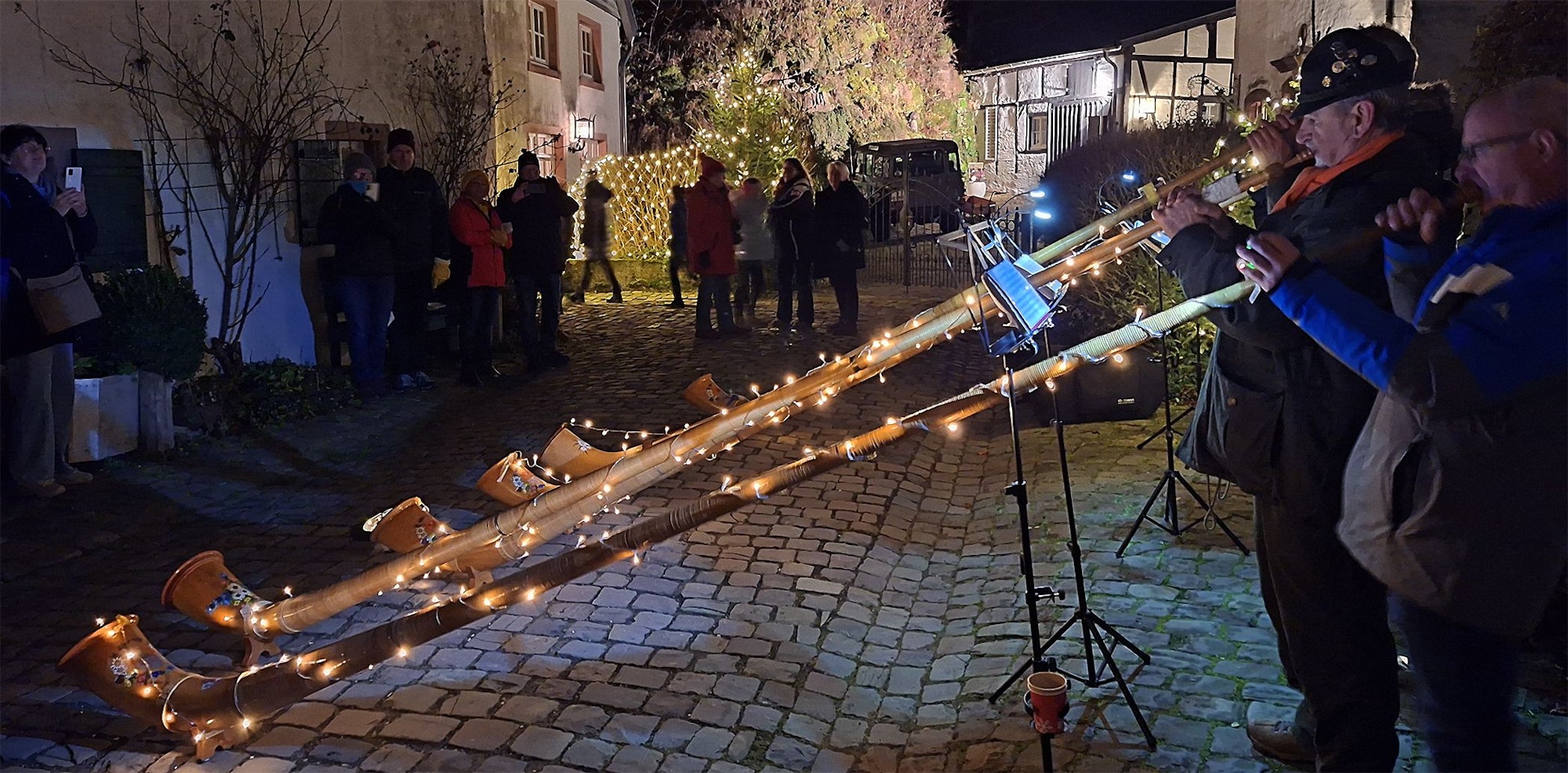 Das Bild zeigt Musiker mit Alphörnern, die mit LED-Ketten geschmückt sind.