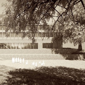 Eine Visualisierung der neuen Grundschule in Schwarz-Weiß zeigt rechts das Schulgebäude und links die Sporthalle der Schule.