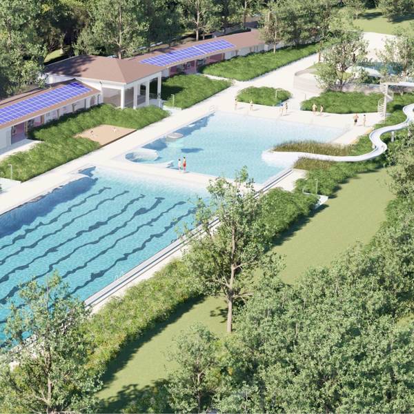 Eine Visualisierung, die das modernisierte und sanierte Freibad zeigt.