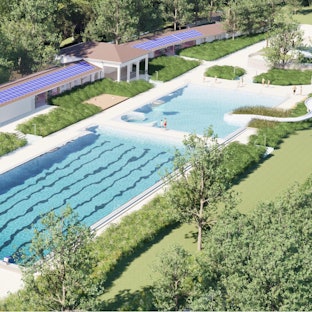Eine Visualisierung, die das modernisierte und sanierte Freibad zeigt.