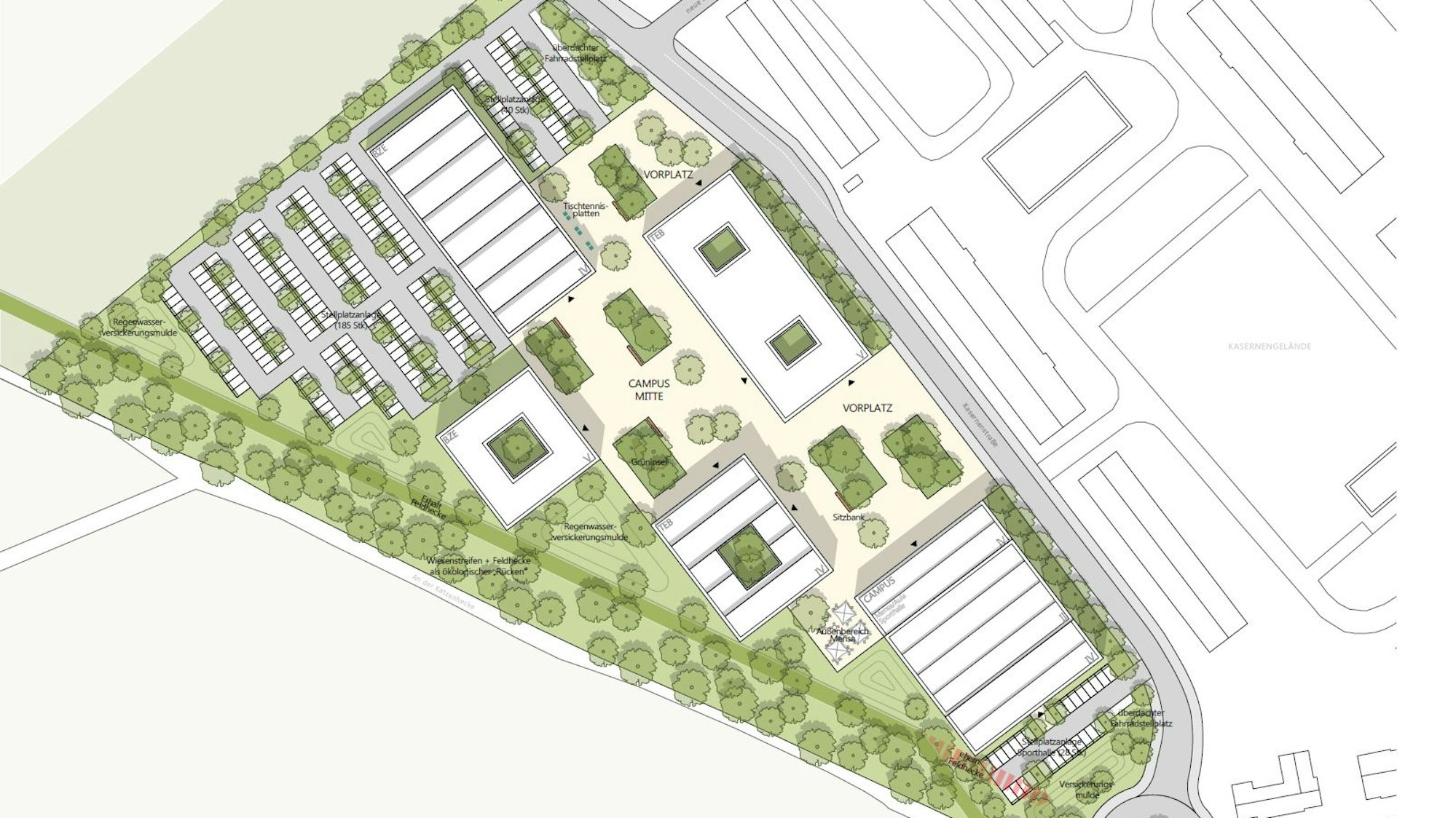Planungsskizze (Aufsicht) für das Thomas-Eßer-Berufskolleg und das BZE an der Katzenhecke.