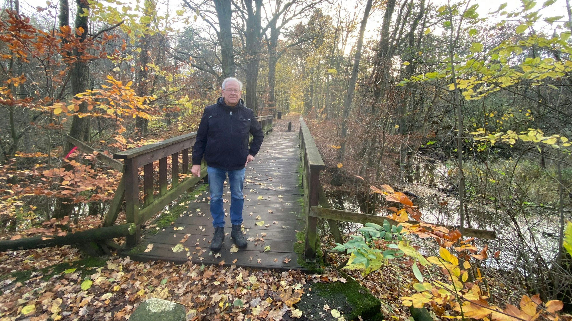 Ein Mann steht auf einer Holzbrücke in einem Wald