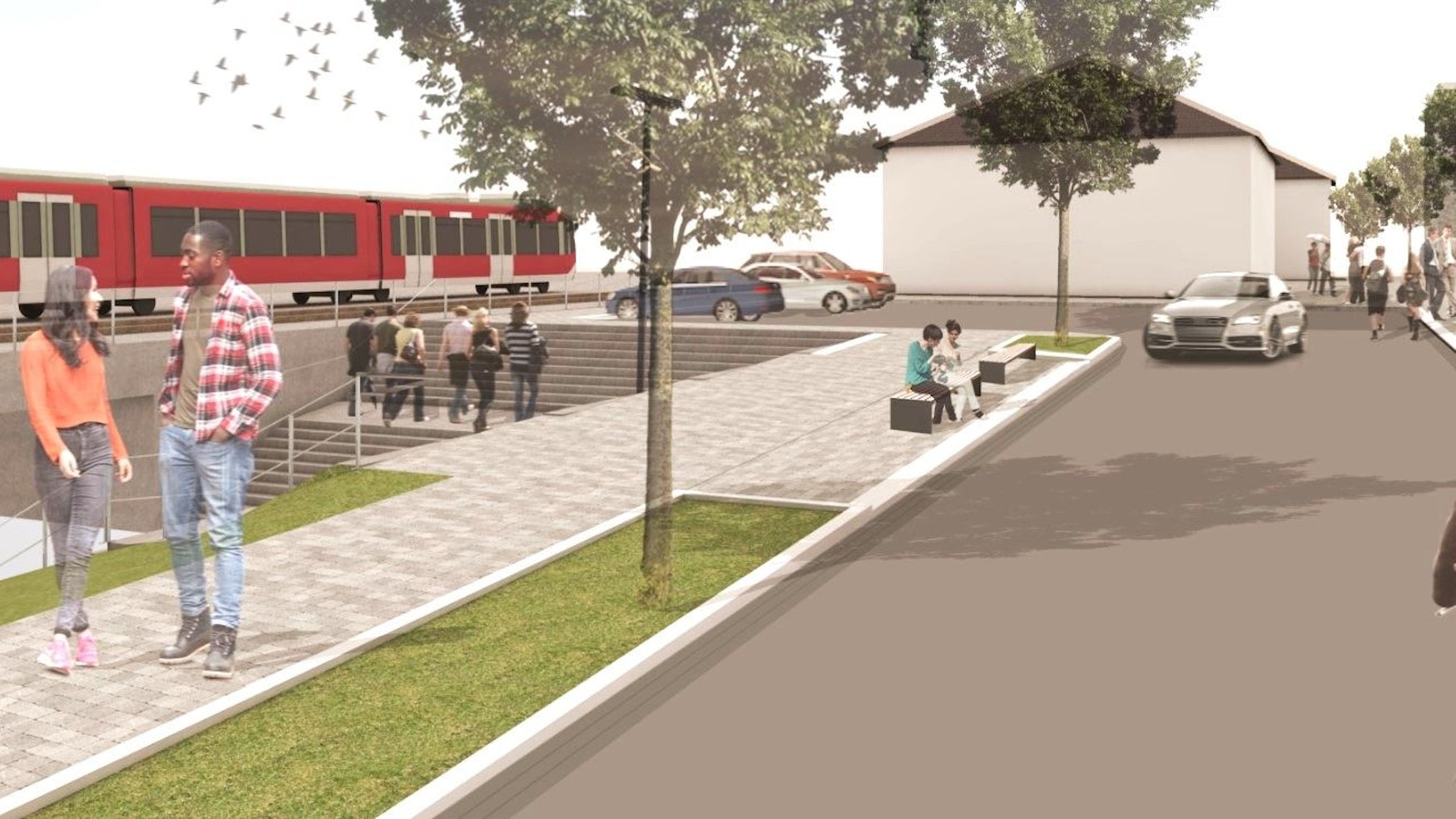 Das Bild zeigt die Visualisierung der Planung mit einer großen Treppenanlage.