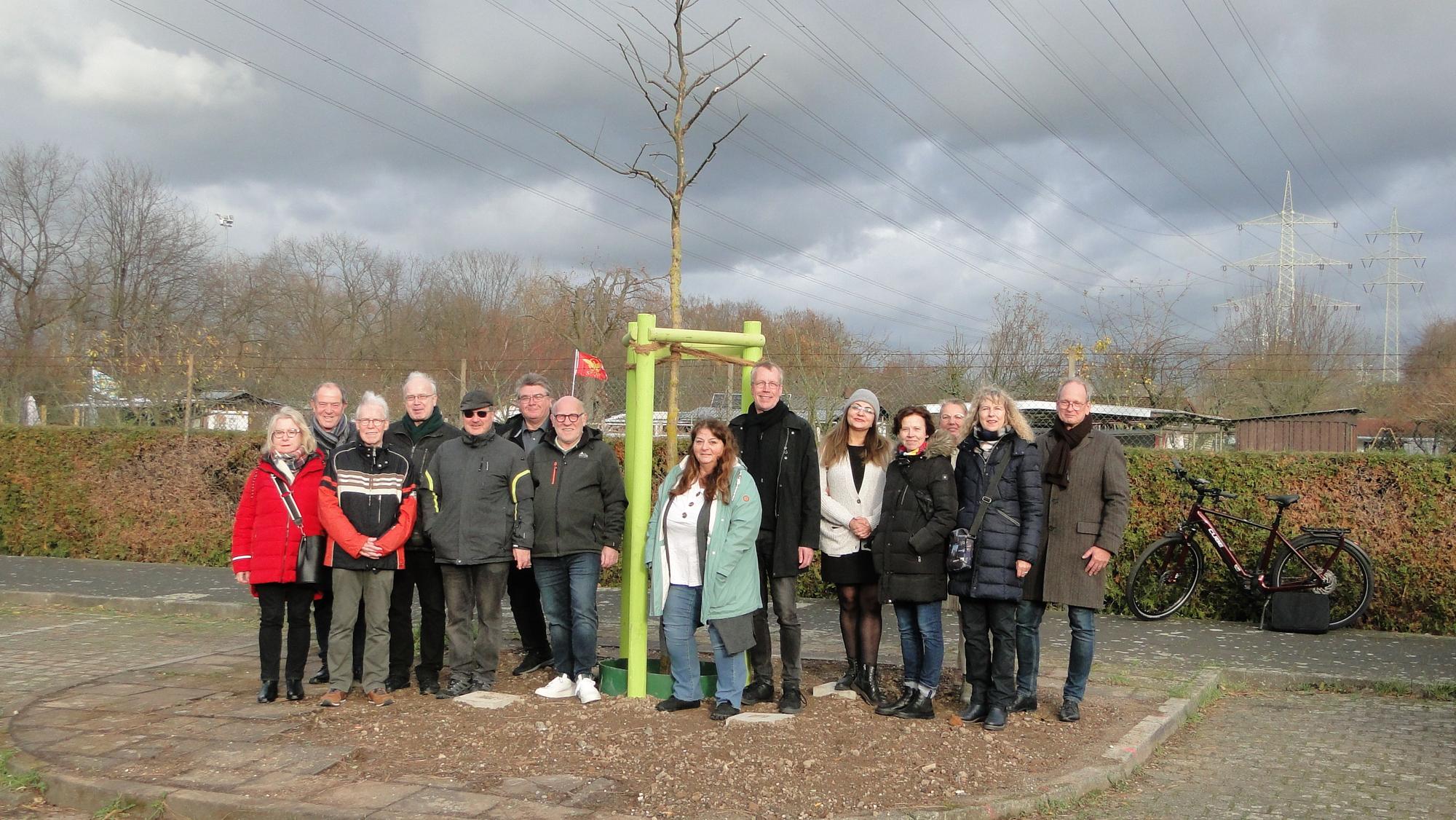 14 Personen stehen an einem neu gepflanzten Baum im Erbacher Weg in Lindweiler.