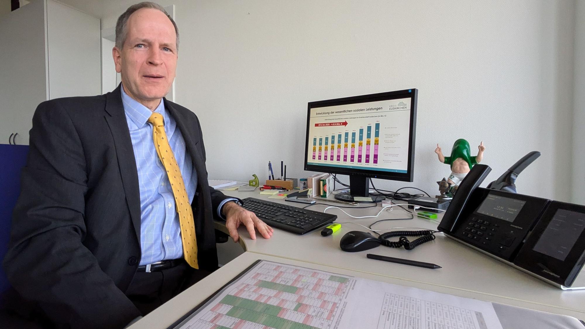 Ingo Hessenius sitzt an seinem Schreibtisch in der Kreisverwaltung. Im Hintergrund auf einem Bildschirm ist ein Säulendiagramm zu sehen, das den Anstieg der Sozialausgaben für den Kreis verdeutlicht.