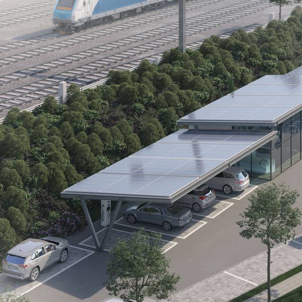 Eine Computeranimation zeigt überdachte Ladesäulen für Elektroautos