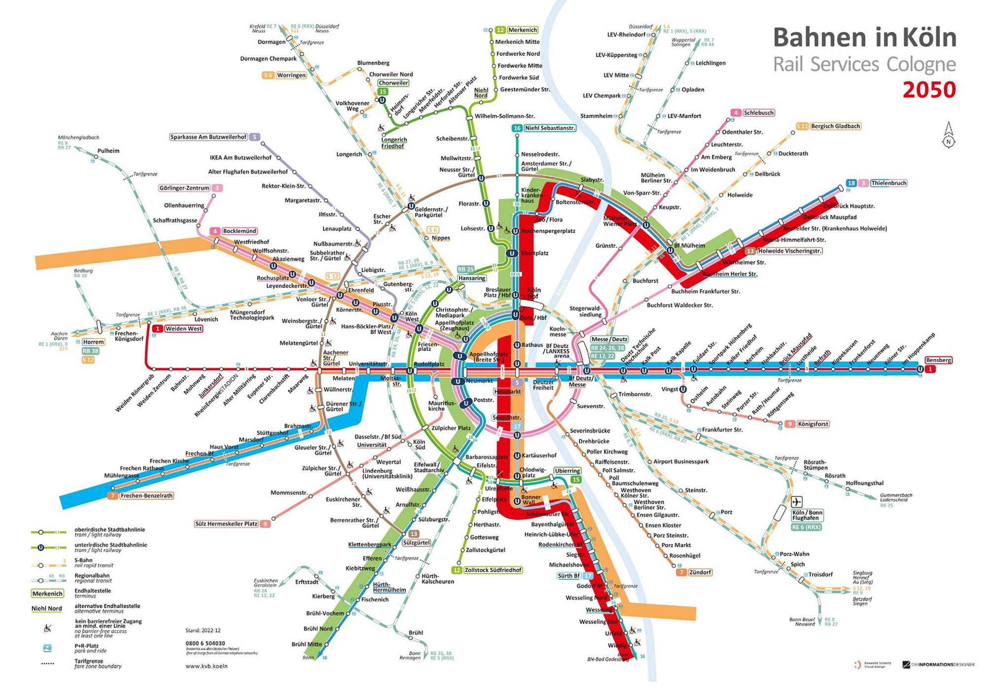 CDU, SPD und FDP wollen das Nahverkehrsnetz in Köln beim Ausbau der Ost-West-Achse durch Metrolinien (farbig hinterlegt) erweitern.