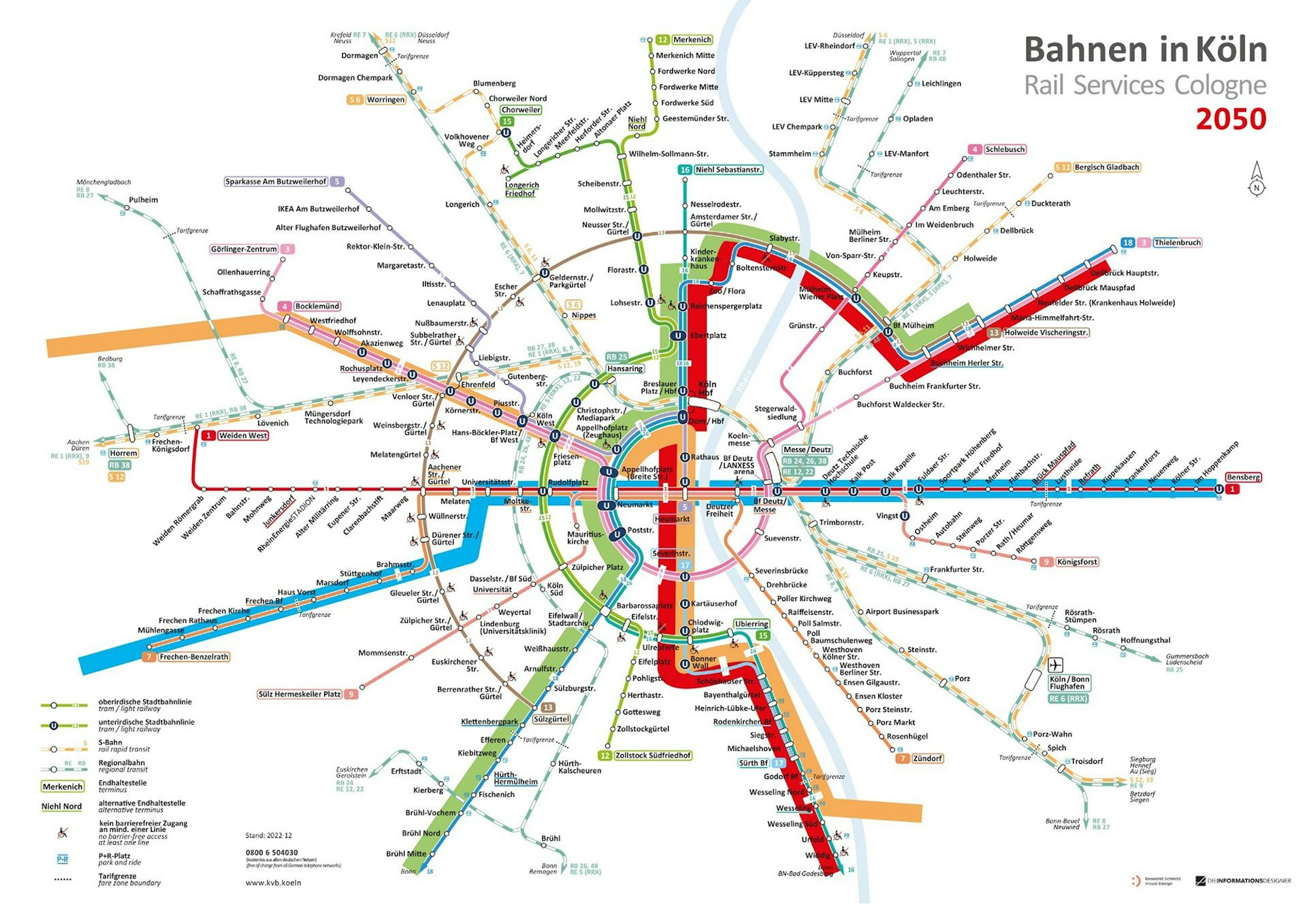 CDU, SPD und FDP wollen das Nahverkehrsnetz in Köln beim Ausbau der Ost-West-Achse durch Metrolinien (farbig hinterlegt) erweitern.