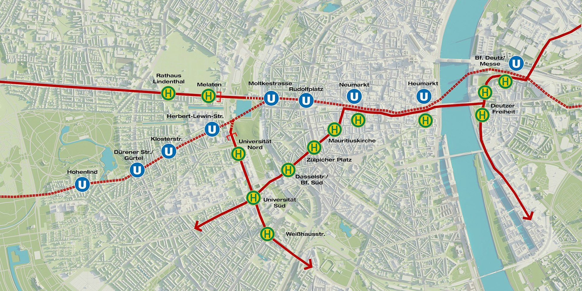 CDU, SPD und FDP wollen die Ost-West-Achse mit einem U-Bahn-Tunnel bis Melaten und weiter unter der Dürener Straße in Richtung Frechen ausbauen.