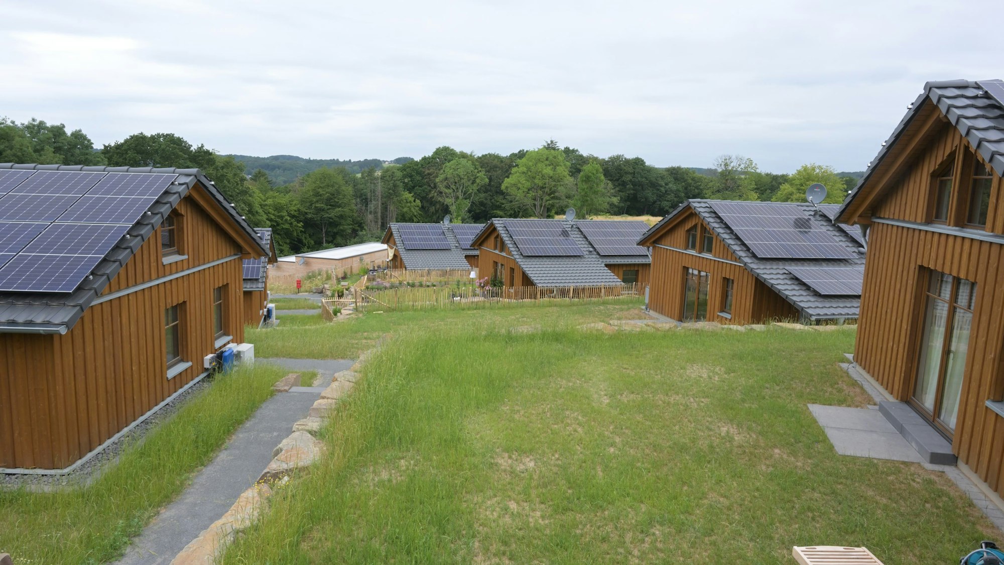 Am Hang des Hasenbergs stehen Holzhäuser.