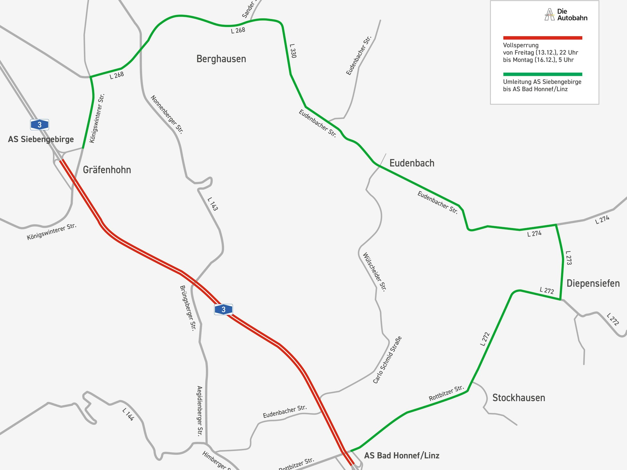 Eine Straßenkarte mit der gesperrten Autobahn und einer Umleitungsstrecke.