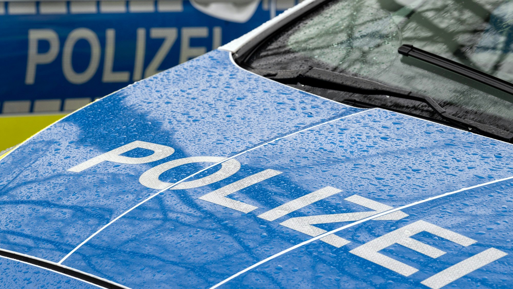 Das Foto zeigt den Schriftzug Polizei auf der Kühlerhaube eines Autos.