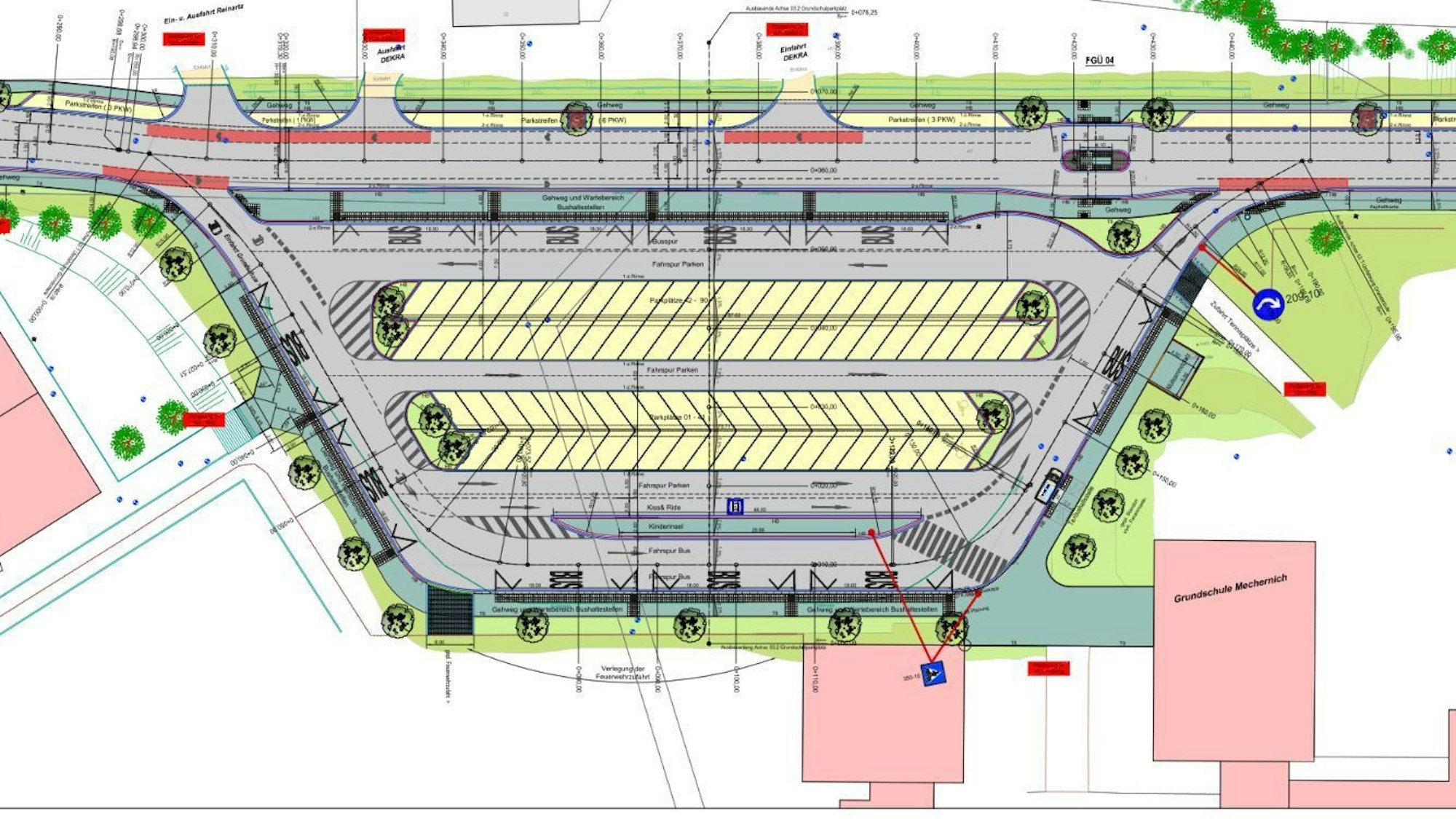 Planungsskizze: Im Rahmen des Ausbaus der Feytalstraße in Mechernich soll auch der Grundschulparkplatz umgestaltet werden.