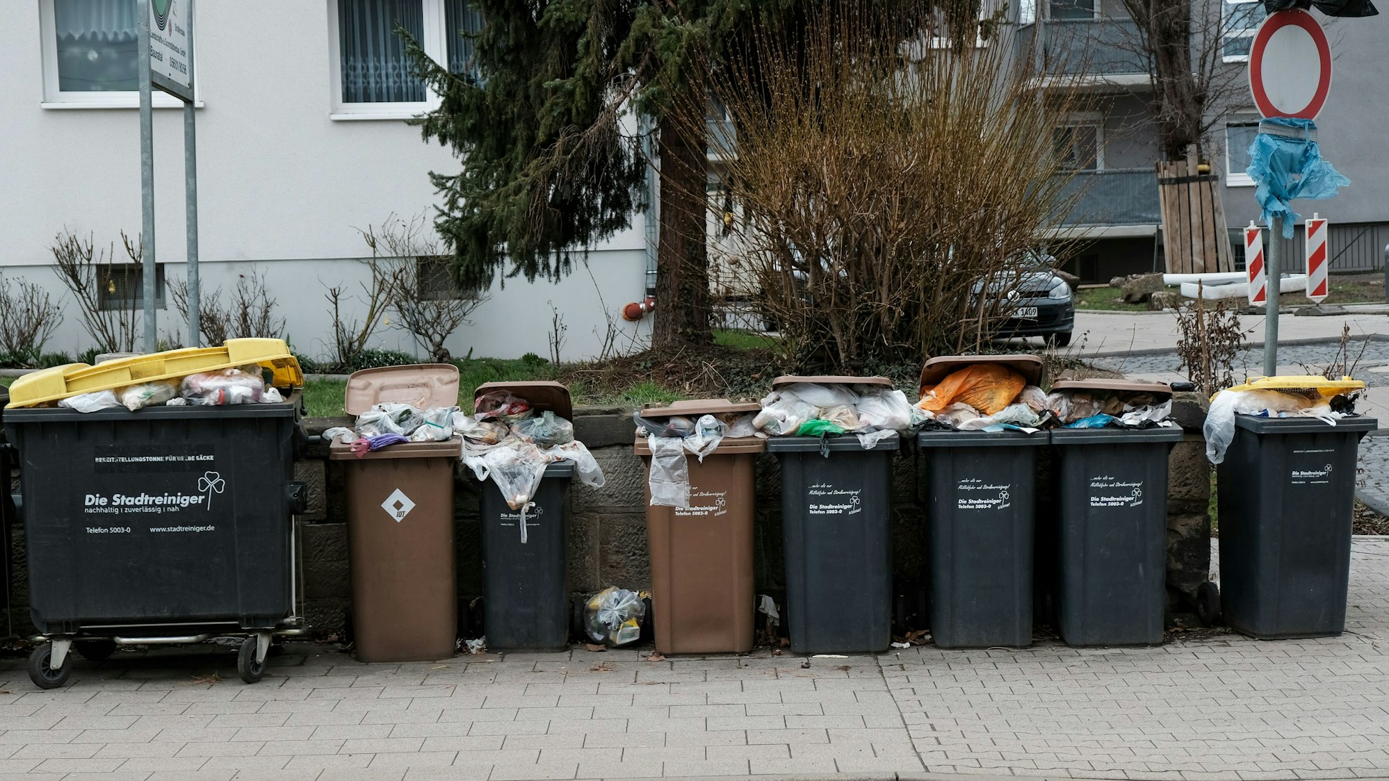 Mülltonnen vor einem Mietshaus an der Straße quillen über.