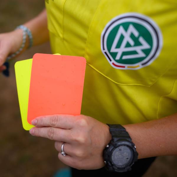 Ein Schiedsrichter steht mit roter und gelber Karte auf einem Rasen und hält in der anderen Hand eine Trillerpfeife.