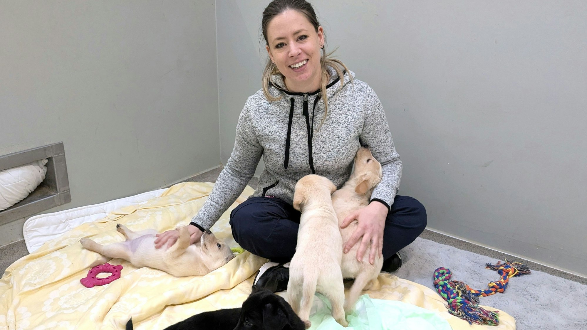 Jana Goebel sitzt auf einer Decke am Boden, um sie herum drei Welpen.