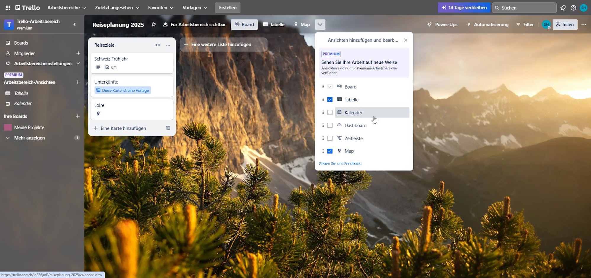 Screenshot des Arbeitsprogramm Trello, Dashoboard