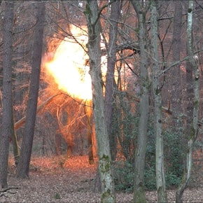 Ein großer Feuerball ist in einem Wald zu sehen.