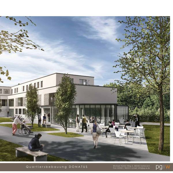 Auf dem Entwurf sind Menschen und ein Gebäude mit heller Fassade zu sehen.