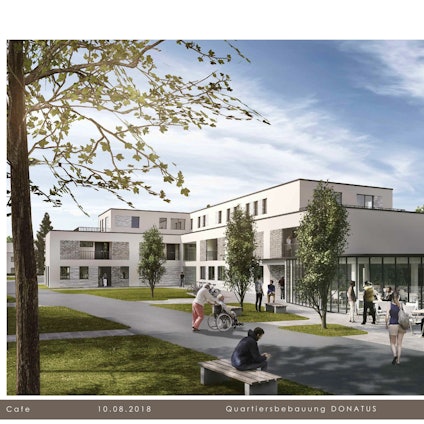 Auf dem Entwurf sind Menschen und ein Gebäude mit heller Fassade zu sehen.