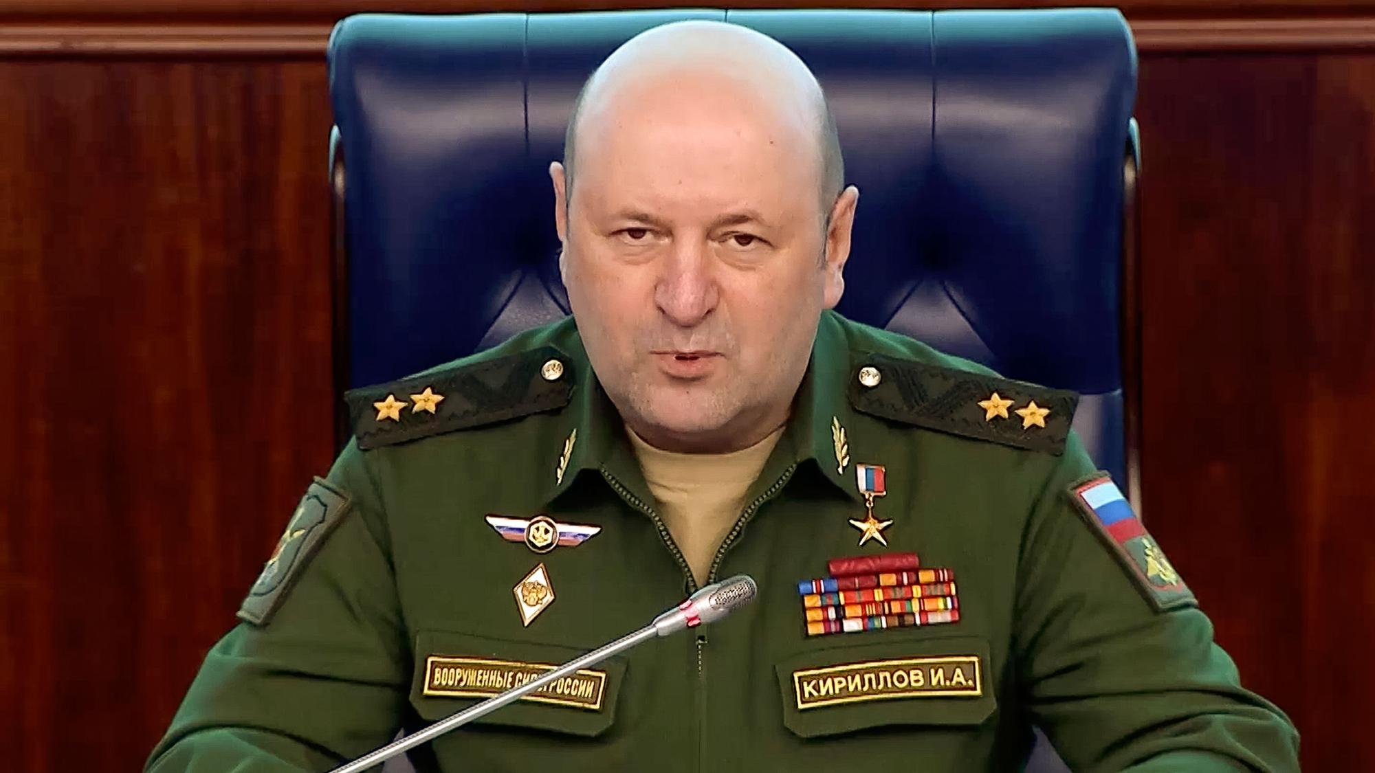 FILE - In this photo taken from video released by Russian Defense Ministry Press Service on Feb. 28, 2023, the head of the radiation, chemical and biological defense troops of the Russian Armed Forces Lt. Gen. Igor Kirillov speaks during a briefing in Moscow, Russia. (Russian Defense Ministry Press Service via AP, File)